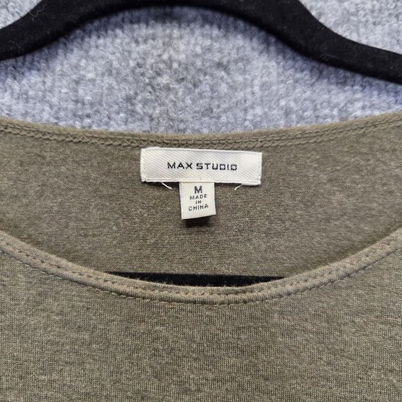 Max Studio Shirt Womens Medium Olive Short Sleeve Asymmetrical Tie Hem Tunic - Picture 4 of 8